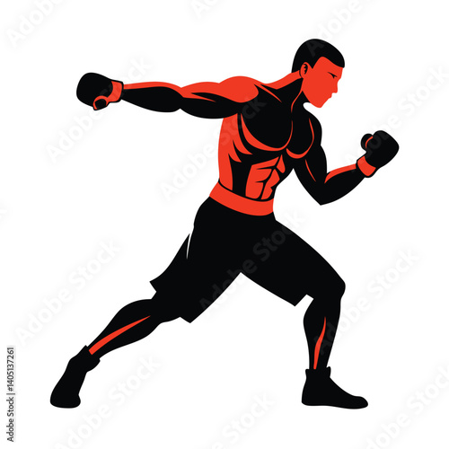 realistic silhouette of a boxer doing warm-up arm swings, full motion posture vector illustration