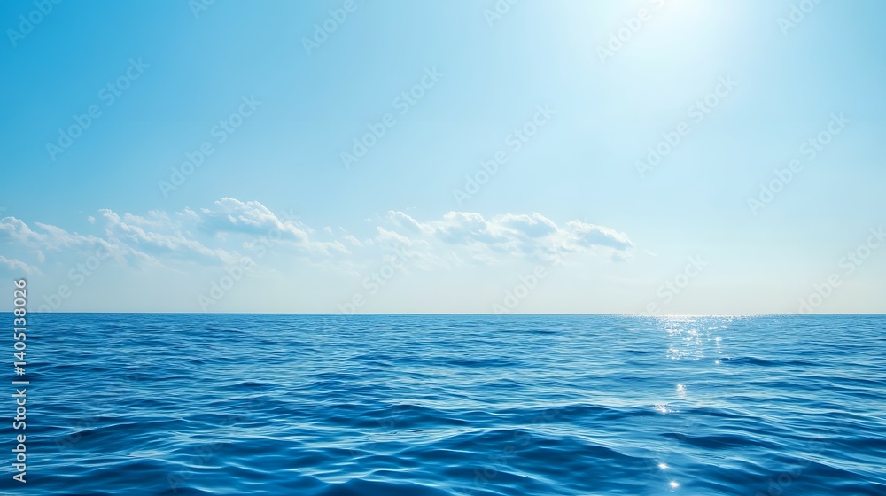 Fototapeta premium Ocean water under a blue sky with sunlight reflection and some clouds.
