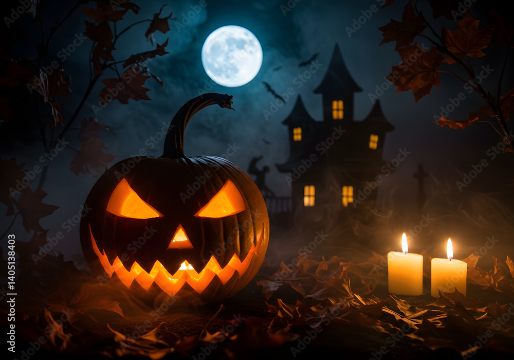 Glowing Jack o' Lantern with Haunted House Halloween Night Scene Glowing Jack o' Lantern with Haunted House Halloween Night Scene