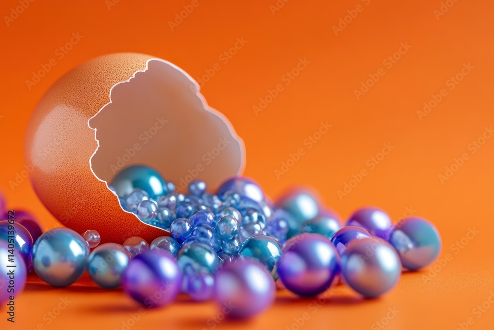 Fototapeta premium Cracked Egg Shell with Pearl Beads Spilling on Orange Background