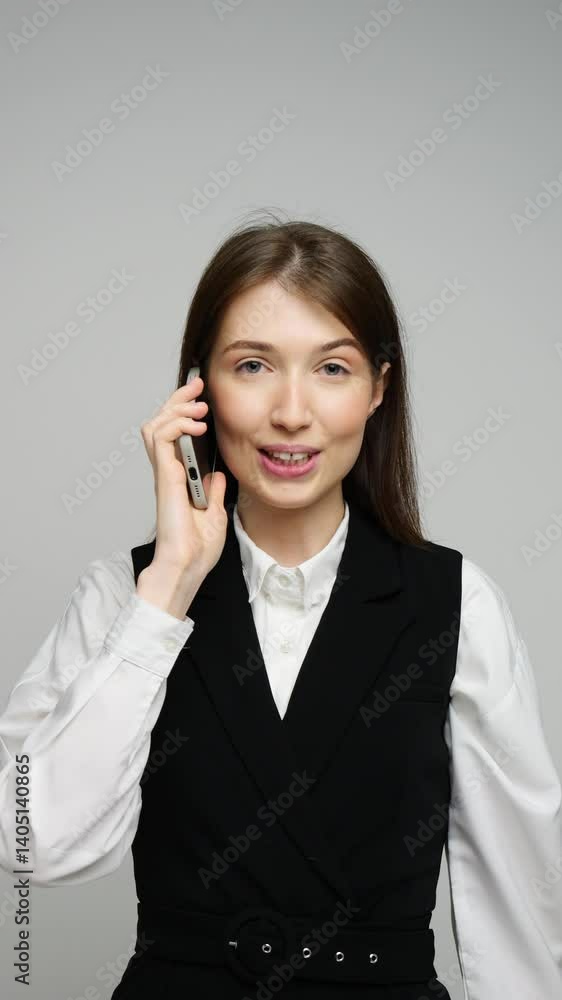 Confident young woman in a stylish blazer talks on the phone in a modern office. Confident young woman in a stylish blazer talks on the phone in a modern office.