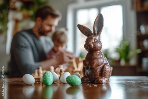 Celebrating Easter at Home with Chocolate Bunny and Decorated Eggs