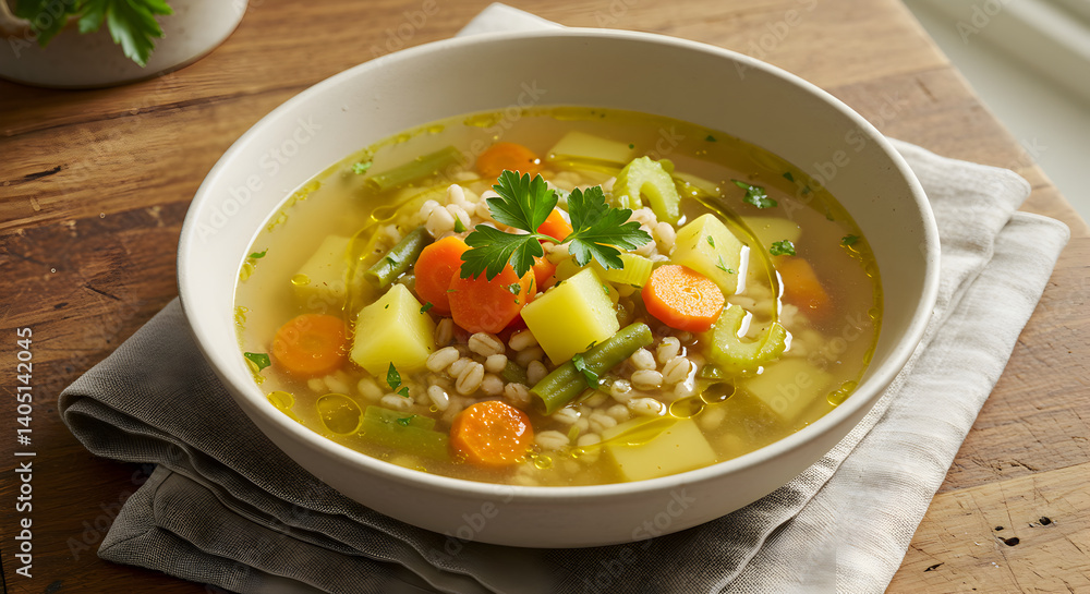 Healthy Homemade Barley Soup With Fresh Vegetables On A Rustic Table Healthy Homemade Barley Soup With Fresh Vegetables On A Rustic Table
