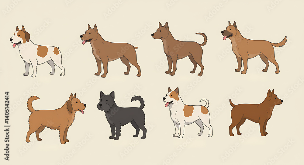 Diverse canine silhouettes, assorted coats and tails, graphic illustration. Diverse canine silhouettes, assorted coats and tails, graphic illustration.