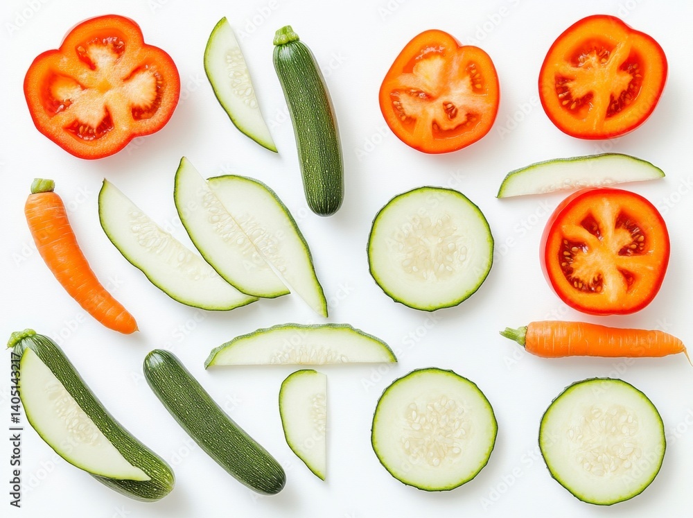 Fresh Cut Vegetables Flat Lay on White Background for Healthy Eating Fresh Cut Vegetables Flat Lay on White Background for Healthy Eating