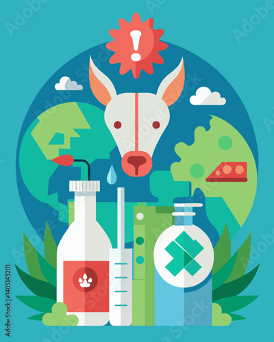A pharmaceutical company advertising their commitment to the environment but not disclosing their testing on animals and pollution from their factories.. Vector illustration