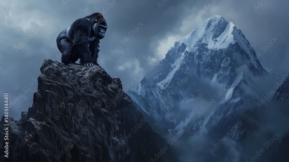 Fototapeta premium A gorilla standing on top of a mountain, with misty peaks in the background