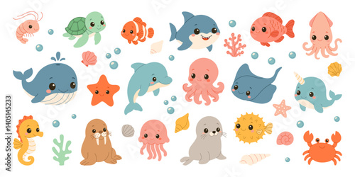 A collection of cartoon sea creatures including a whale, octopus, and starfish. The image has a playful and whimsical mood