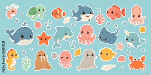 A collection of cute cartoon sea creatures including a whale, starfish, octopus, and crab