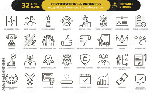 Certification and progress icon set. Thin line editable stroke icons for achievement, recognition, career growth, awards, success milestones, performance, personal development and excellence.