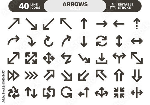 Arrows icon set. Thin line editable stroke arrow icons. Modern simple black direction arrows graphic elements