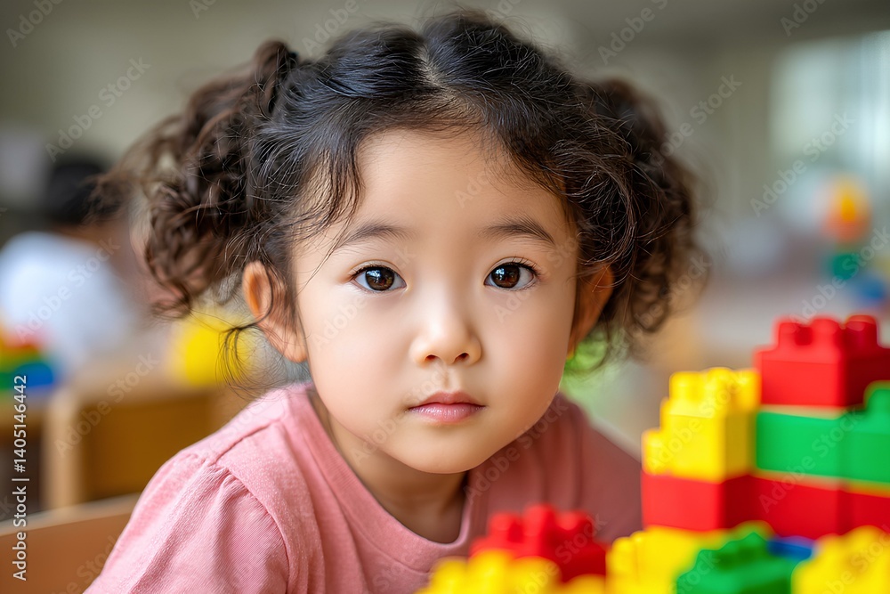 Happy little Asian girl with ponytails in a peach shirt builds with plastic blocks during playtime in a modern preschool setting. Happy little Asian girl with ponytails in a peach shirt builds with plastic blocks during playtime in a modern preschool setting.