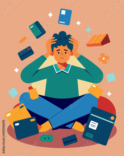 A person surrounded by mountains of credit card debt struggling to pay it off.. Vector illustration