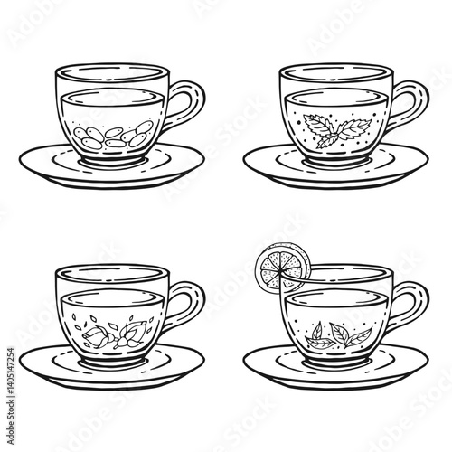 Set glass mugs of tea and saucer. Medicinal tea. Hand drawn vector illustration.