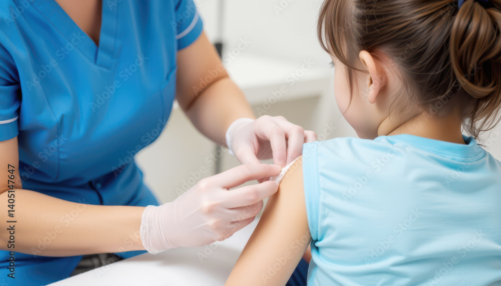 Kid with injury treated by nurse with bandage. A healthcare professional administers a vaccination to a young girl in a clinical setting, emphasizing care and health awareness. Kid with injury treated by nurse with bandage. A healthcare professional administers a vaccination to a young girl in a clinical setting, emphasizing care and health awareness.