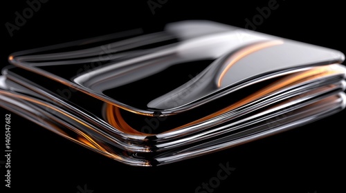 A 3D rendering of a metallic object with a reflective surface and a curved shape.
