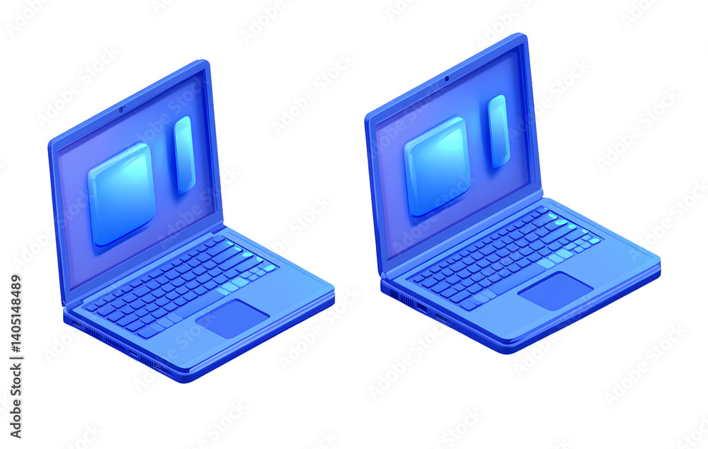 3D isometric icon, blue laptop computer, Transparent background 3D isometric icon, blue laptop computer, Transparent background