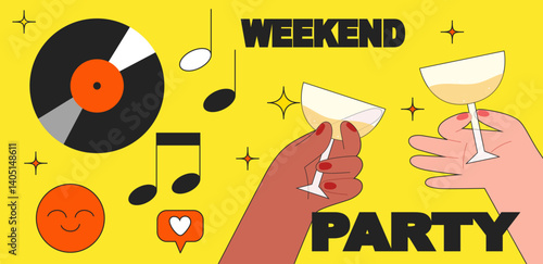 entertaining, disco, concert, smile, acid, ball, karaoke, music, modern, cocktail, club, friday, grotesque, stickers, vector, microphone, dance, graphic, vinyl, element, caricature, cartoon, old, text