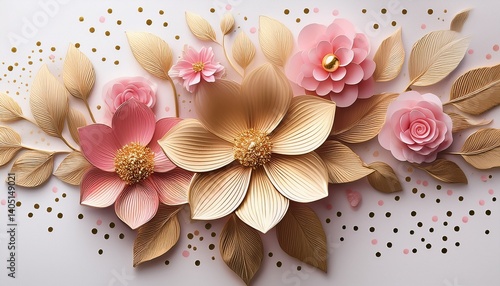 Wallpaper Mural Design for a card embellished with an  of a flower Gold flowers pink polka dots elements on white background Torontodigital.ca