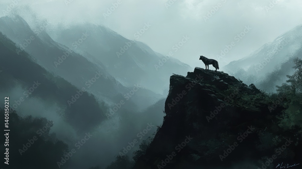 A wolf stands on the top of a mountain, with a dark grey sky and misty mountains in the background A wolf stands on the top of a mountain, with a dark grey sky and misty mountains in the background