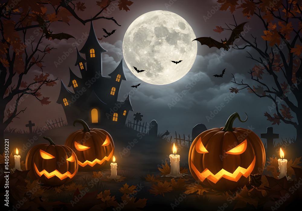 Spooky Halloween Night Scene with Jack o' lanterns and Castle Silhouette Spooky Halloween Night Scene with Jack o' lanterns and Castle Silhouette