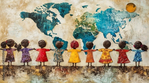 Fototapeta Naklejka Na Ścianę i Meble -  Diverse girls holding hands in front of a world map, symbolizing global unity and friendship.