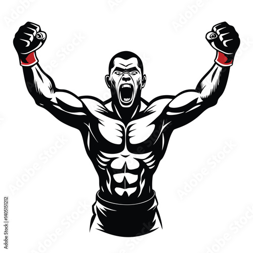 ealistic silhouette of a boxer yelling in victory, arms spread wide, dynamic posture vector illustration