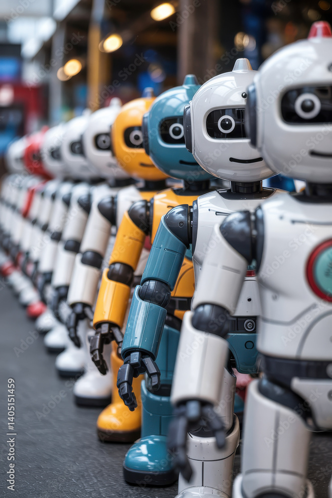 Row of white robots with a coloured one in between Row of white robots with a coloured one in between