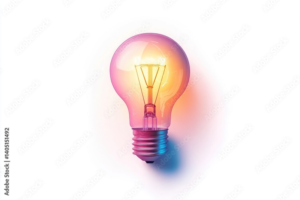 A glowing light bulb with a pink and orange hue on a plain white background in studio lighting A glowing light bulb with a pink and orange hue on a plain white background in studio lighting