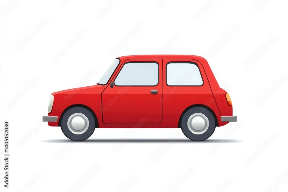 A cartoon illustration of a red compact car isolated on a white background in a side view shot A cartoon illustration of a red compact car isolated on a white background in a side view shot