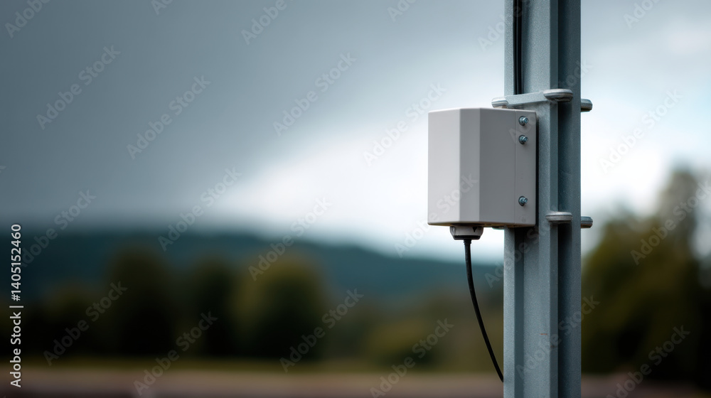 small energy monitoring sensor is mounted on pole against soft, blurred natural backdrop small energy monitoring sensor is mounted on pole against soft, blurred natural backdrop