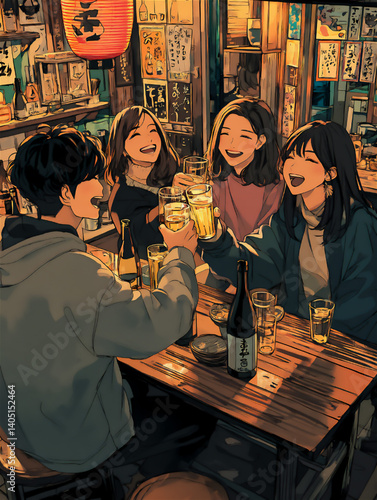 居酒屋で乾杯する若者たちの楽しい夜