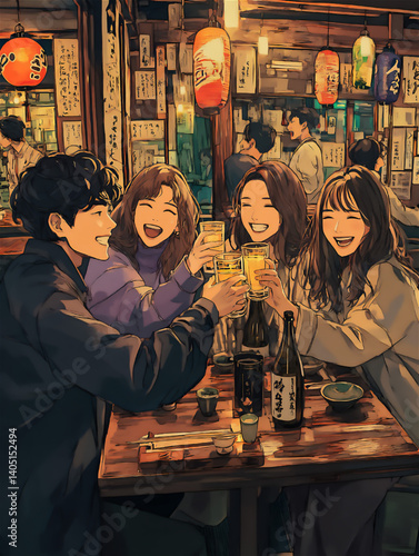 居酒屋で乾杯する若者たちの楽しい夜