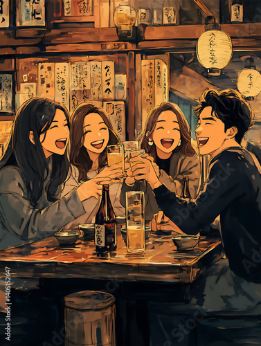 居酒屋で乾杯する若者たちの楽しい夜