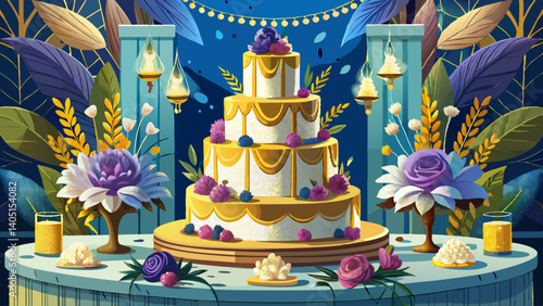 Photo of wedding cake with gold plating. The three-tiered cake for the wedding is painted with beautiful large live flowers.