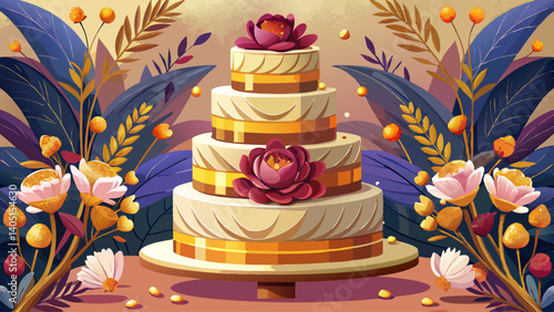 Photo of wedding cake with gold plating. The three-tiered cake for the wedding is painted with beautiful large live flowers.