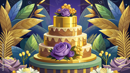 Photo of wedding cake with gold plating. The three-tiered cake for the wedding is painted with beautiful large live flowers.