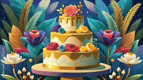Photo of wedding cake with gold plating. The three-tiered cake for the wedding is painted with beautiful large live flowers.