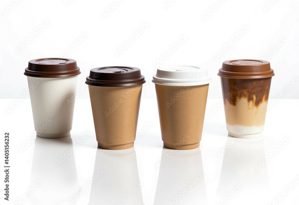 Four Takeaway Coffee Cups Different Colors white Background Four Takeaway Coffee Cups Different Colors white Background