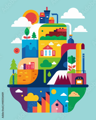 The colorful layers of a landfill arranged in a crosssection showcasing the effects of consumerism and the difficulty of managing waste.. Vector illustration