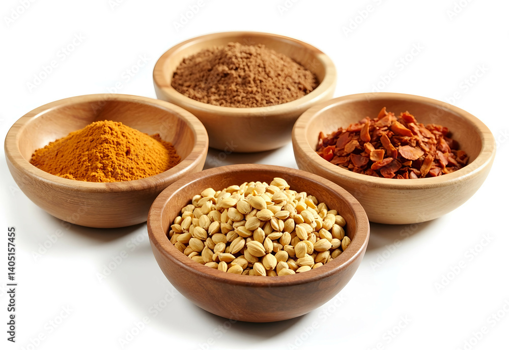 Four wooden bowls filled with various spices cinnamon powder, cumin, chili flakes Four wooden bowls filled with various spices cinnamon powder, cumin, chili flakes