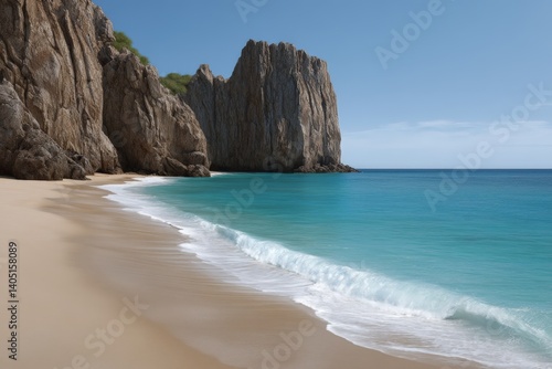 Rocky coastal cliffs with narrow sandy beach and turquoise water under clear sky in bright midday light wide view horizontal format photograph