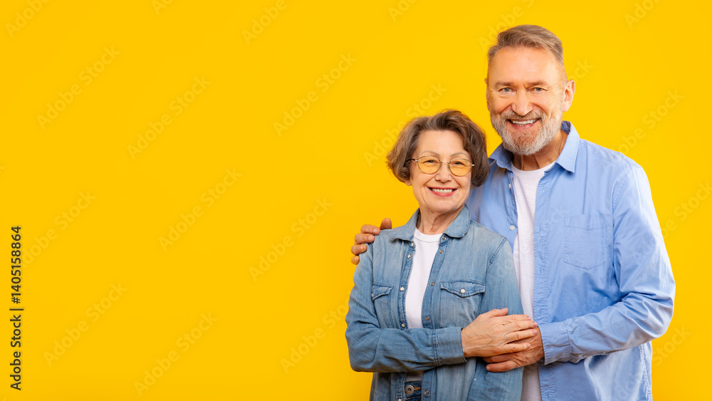 Happy European senior couple embracing, showing the joy of lasting love and togetherness, posing against yellow studio backdrop, smiling to camera. Romantic bond concept Happy European senior couple embracing, showing the joy of lasting love and togetherness, posing against yellow studio backdrop, smiling to camera. Romantic bond concept