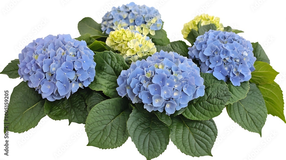 Blue and yellow hydrangeas blooming with green leaves on white backdrop for floral design purposes Blue and yellow hydrangeas blooming with green leaves on white backdrop for floral design purposes