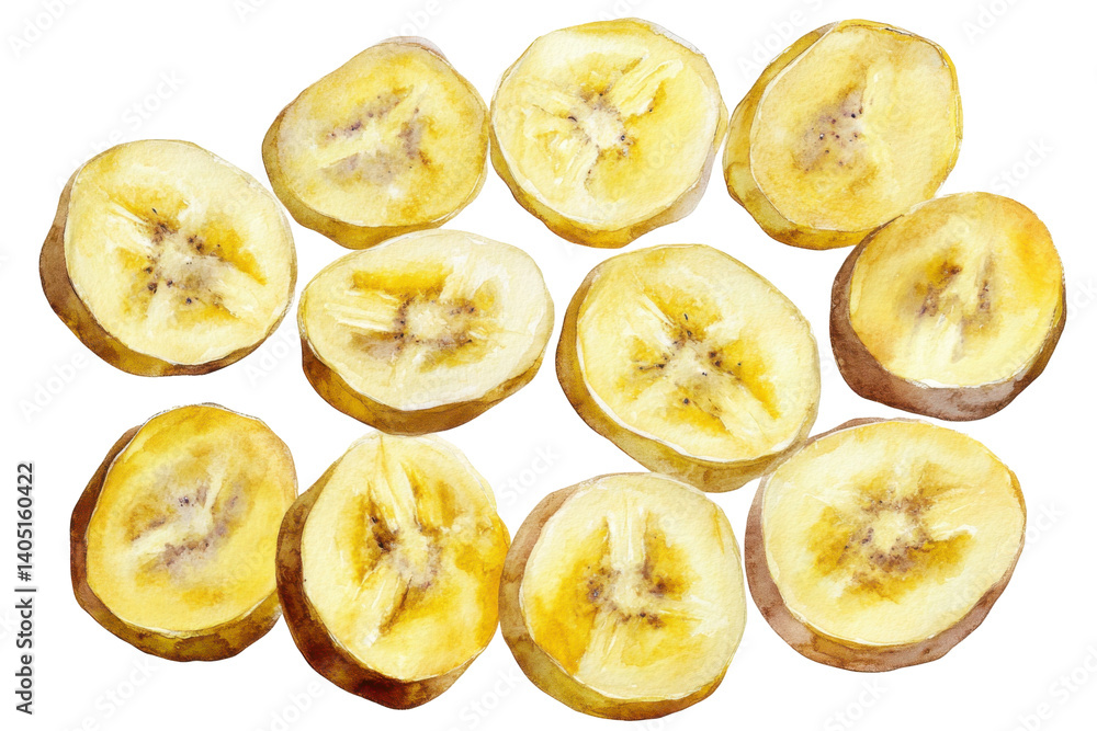 Banana slices watercolor, sunny tropical snack art Banana slices watercolor, sunny tropical snack art
