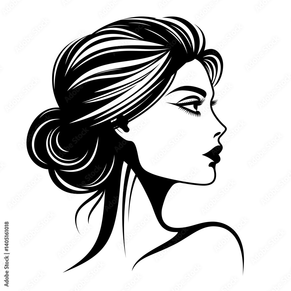Silhouette of woman head with shoulders and fashionable hairstyle. Side view of female face with makeup in black and white. Vector image for beauty industry, skin and hair care, womens health, spa Silhouette of woman head with shoulders and fashionable hairstyle. Side view of female face with makeup in black and white. Vector image for beauty industry, skin and hair care, womens health, spa