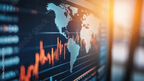 Modern World Map with Financial Data and Stock Market Graphs