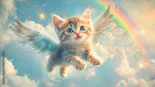 Cute, adorable kitten with angel wings flying in the sky, surrounded by a rainbow and stars.