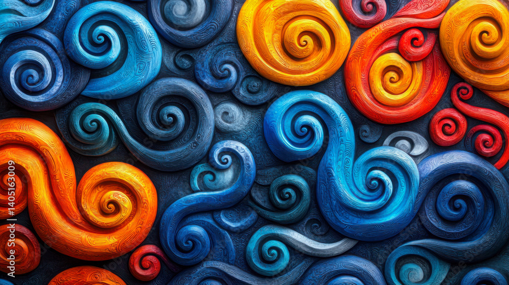 A captivating image showcases a textured artwork featuring vibrant blue and orange spiral patterns. The 3D-like swirls create a dynamic, abstract composition, rich in color and detail. A captivating image showcases a textured artwork featuring vibrant blue and orange spiral patterns. The 3D-like swirls create a dynamic, abstract composition, rich in color and detail.