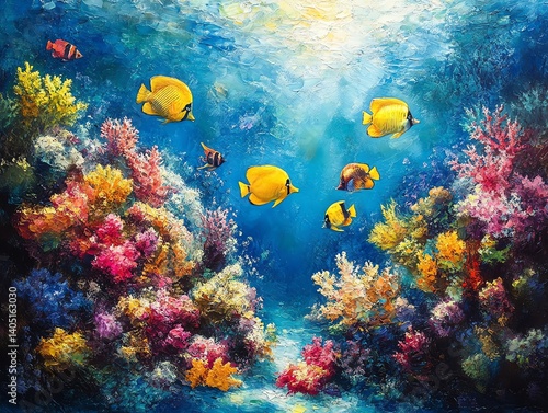 Fototapeta Naklejka Na Ścianę i Meble -  A vivid underwater scene showcases colorful coral and tropical fish swimming in a bright blue ocean. Perfect for home decor or marine life publications.